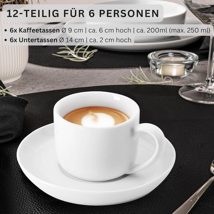 Набір чашок SÄNGER Marlo з блюдцем, 12 шт. (6 осіб), порцеляновий кавовий сервіз, білий, 200 мл | PREMIUM COLLECTION