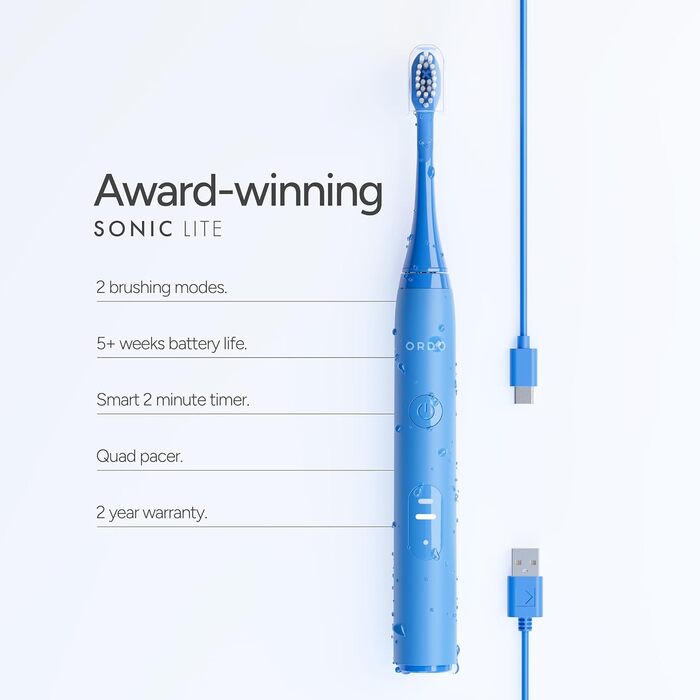 Електрична зубна щітка Ordo Sonic Lite Sky Blue: 35 000 імпульсів/хв, 2 режими, до 5 тижнів роботи, Smart-таймер, водонепроникна, USB-C