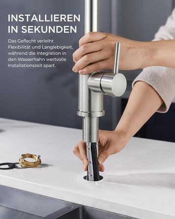 Змішувач кухонний FORIOUS висувний з душем, шланговий, нержавіюча сталь, 360° обертання, 2 режими, L-подібний