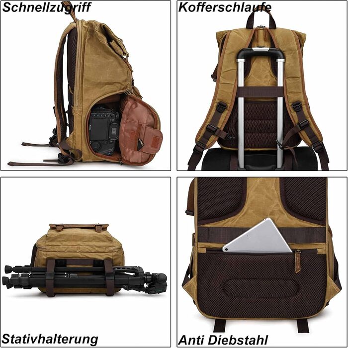 Рюкзак для фотокамери Vmokki Rolltop з водонепроникним покриттям, великий, з швидким доступом, анти-крадіжка, тримач для штатива, відділення для ноутбука. Підходить для дзеркальних фотоапаратів, аксесуарів (Хакі)