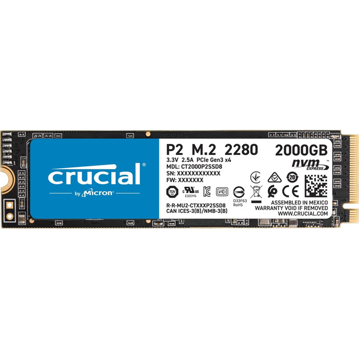 SSD Crucial P2 2TB M.2 PCIe Gen3 NVMe - внутрішній накопичувач, 2400 МБ/с