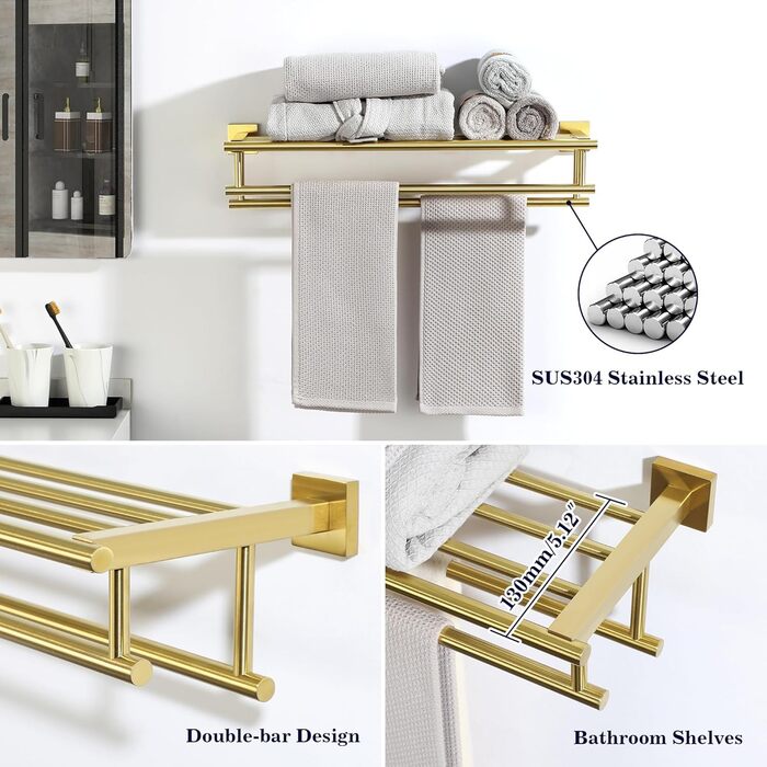 Тримач для рушників SAYAYO на стіну, з полицею, з нержавіючої сталі, 60 см (золотий)