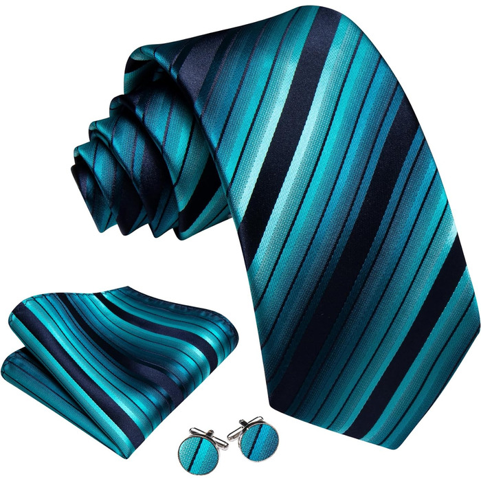 Комплект краваток Barry.Wang: краватка, кишеньковий хустинка, запонки (синьо-зелена смужка)