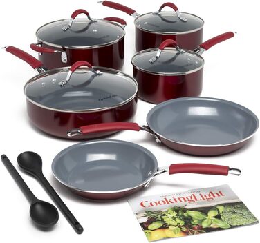 Набір каструль та сковорідок Cooking Light з антипригарним покриттям Ceramic, 12 предметів, з силіконовими ручками, червоний