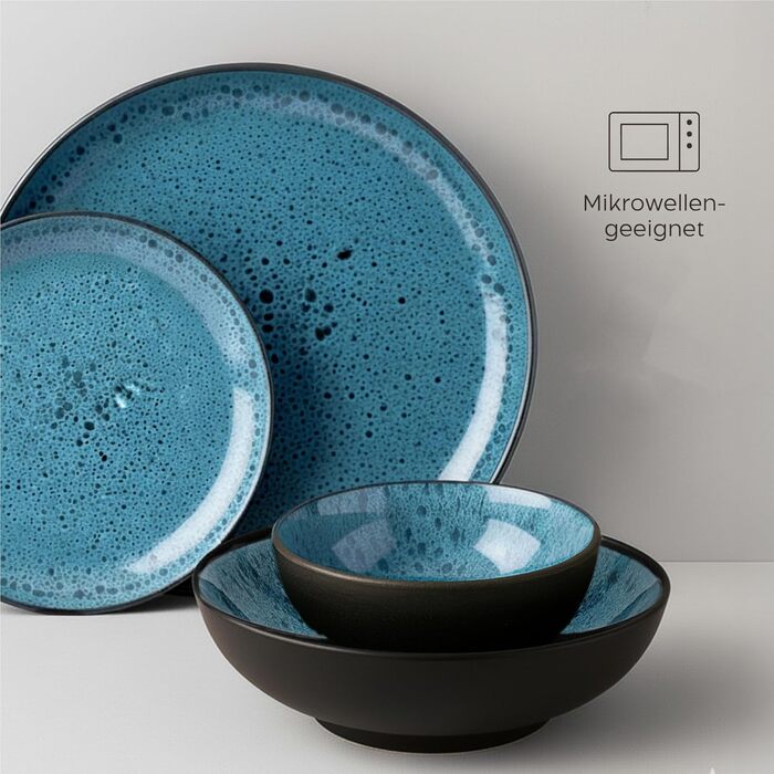 Набір посуду Twinzee Steingut 24 частини для 6 осіб: тарілки та миски, колекція Riviera Azur, з каменю, для мікрохвильової печі