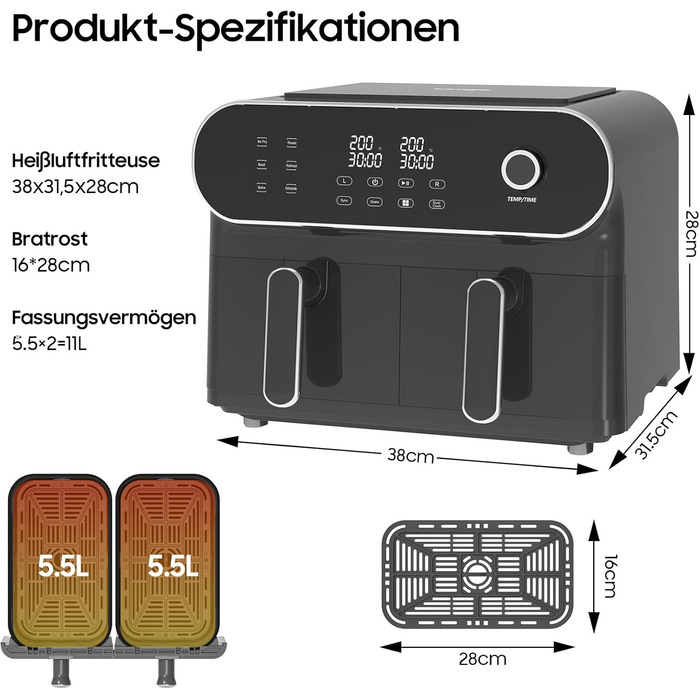 Iceagle Hot Air Fryer 2 Chambers Airfryer 11 L - Hot Air Fryer Double Chamber 1700W, Oil-Free Fryer, Dishwasher-Safe Baskets, Touchscreen, 6-in-1, 4-8 Portions, Black