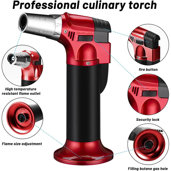 Фламбер (кухонний пальник) Royouzi з блокуванням безпеки, регульований, наповнюваний. Підходить для крем-брюле, грилю, приготування їжі, кемпінгу (червоний)