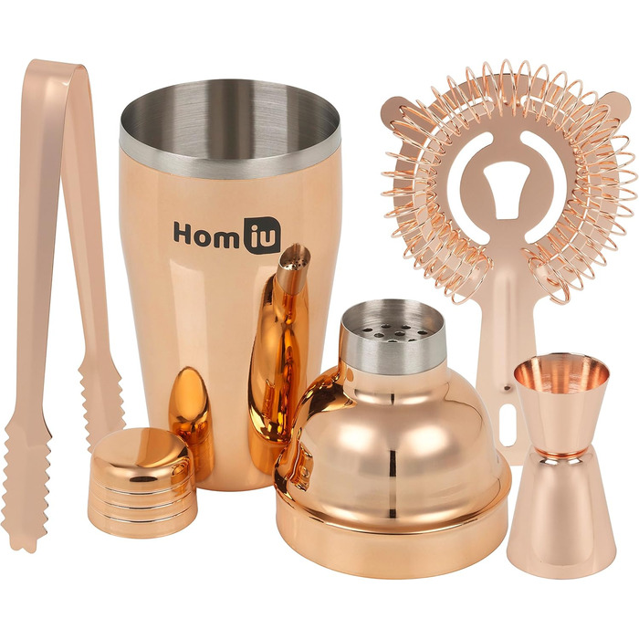 Homiu Stainless Steel Cocktail Shaker Set (550ml) with Rainbow Design, shimmering stainless steel, 5-piece: strainer, 2 jiggers (15/30ml) (Gold-Accented)