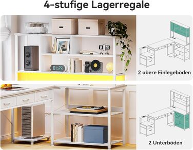 Комп'ютерний стіл Coleshome з 5 шухлядами та 4 полицями 180x100 см, L-подібний стіл з LED-підсвіткою, розетками та USB, великий стіл для home office, білий