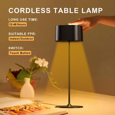 Акумуляторний LED настільний світильник з димером, 2 шт. Бездротовий сенсорний світильник USB-C, металевий, водонепроникний (IP54), 5600mAh, 5W, чорний