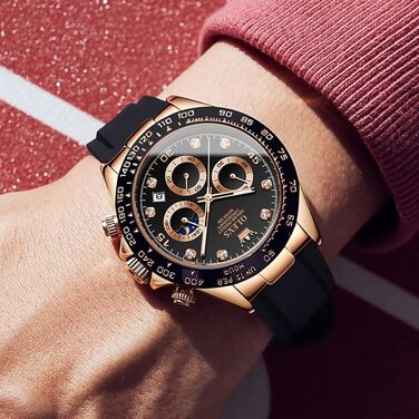 Чоловічий годинник OLEVS з хронографом, діамантами, календарем, водонепроникний, чорний ремінь, рожево-золотий та чорний циферблат