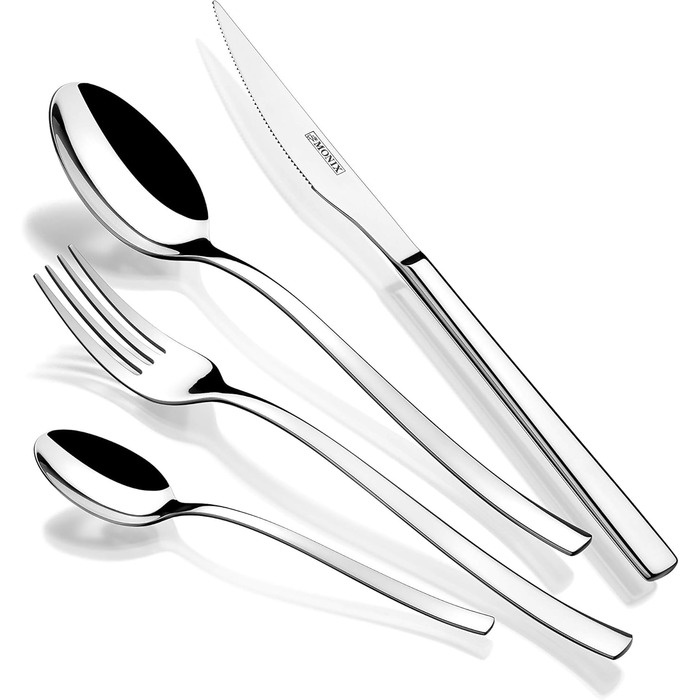 Monix Genova Cutlery Set, 24-piece, with steak knives, 18/10 stainless steel, modern design, polished, 2.5 mm thick, for 6 people, silver