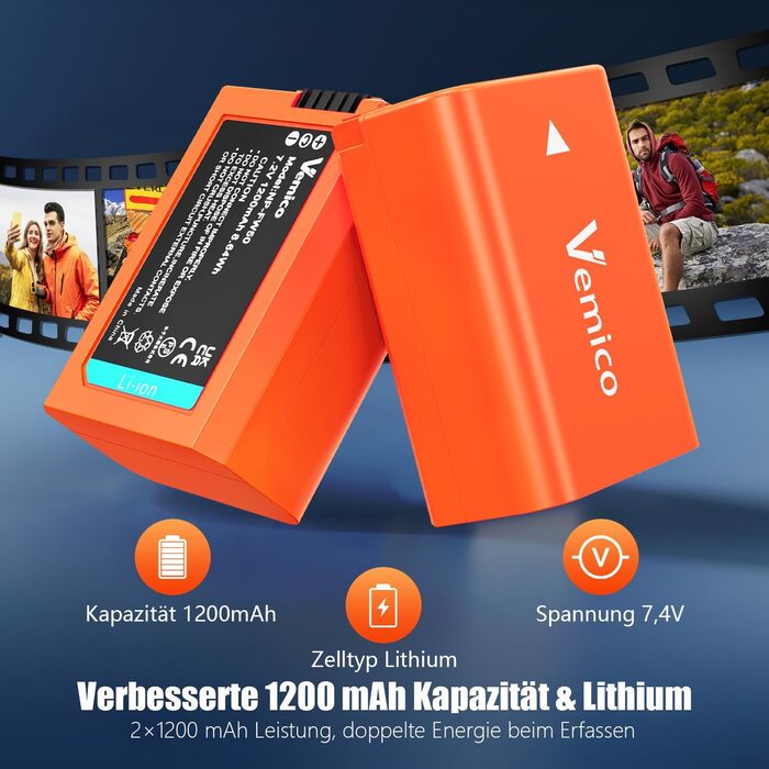 Зарядний пристрій Vemico NP-FW50 для акумуляторів Sony, 2 шт. 1200mAh, LCD, Dual, сумісний з Alpha A6000, A6400, A6300, A6500, A7II, A7RII, A7SII, A7S2, A7R, A7R2, A55, RX10