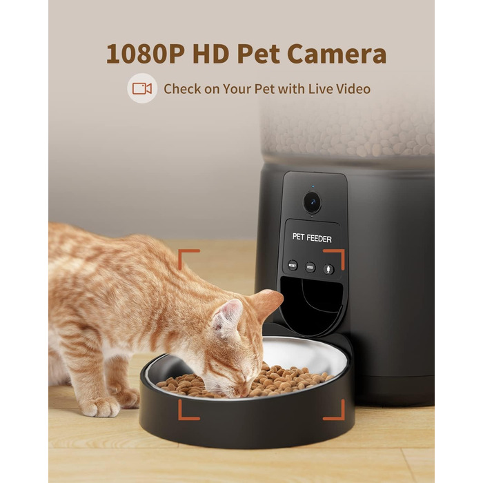 Автоматичний годівниця для котів PUPPY KITTY з камерою 1080P, WiFi, відео, аудіо, нічне бачення та миска з нержавіючої сталі. 1-8 прийомів їжі на день, чорний