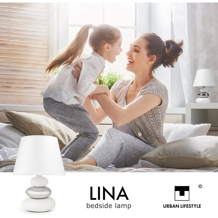 Нічна лампа 'Ліна' - керамічна настільна лампа з абажуром з тканини, сумісна з LED, цоколь E14, 230V, для вікна, дивана, підвіконня (білий/сріблястий)