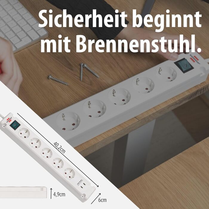 Стрічка живлення Brennenstuhl Bremounta з USB-C, 5 розеток, біла (з вимикачем, для монтажу на стіну, 2x та 3м кабель)