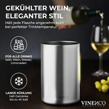 Охолоджувач для вина Vinenco з нержавіючої сталі, для шампанського та секту, з подвійними стінками, ізольований | Охолоджувач для винних пляшок, білого вина, аксесуар для вина, подарунковий набір для чоловіків та жінок