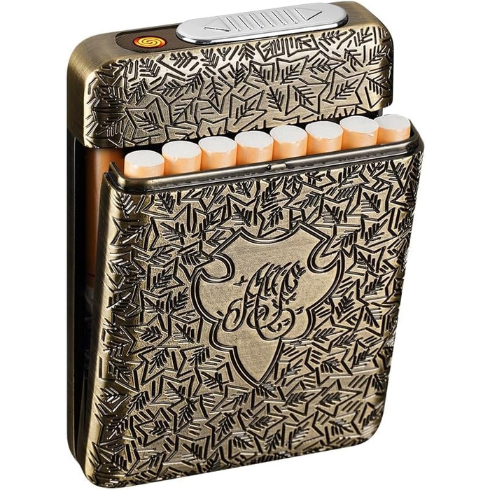 Cigarette case with lighter, cigarette box, electronic integrated flameless lighter, rechargeable, 16 pieces, 84mm King Size cigarettes, cigarette box, retro bronze