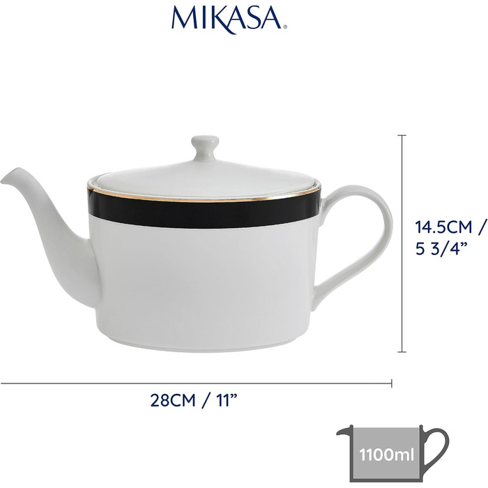 Mikasa Luxe Deco Porcelain Teapot, large 4-cup teapot with filter, 1.1L, Art Deco print and genuine gold accents, dishwasher safe