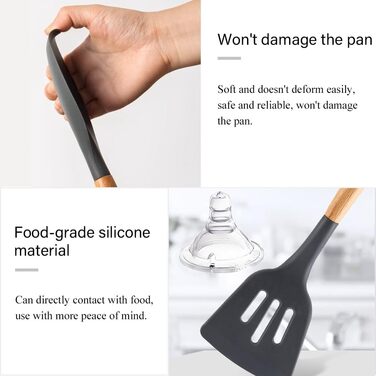 Набір кухонних помічників 12 шт. з силікону з дерев'яними ручками. Набір кухонного посуду: щипці, лопатки, ложки. Стійкий до високих температур, антипригарне покриття. Сірий колір.