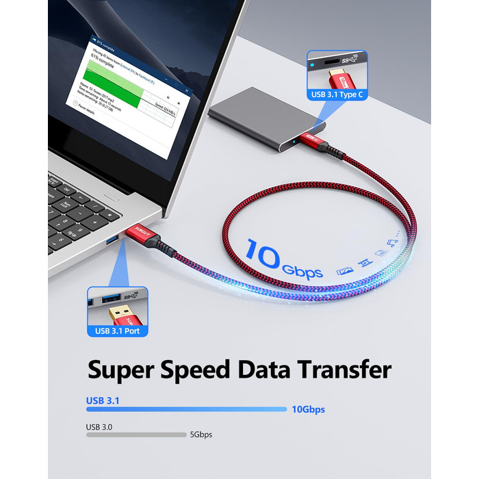 Кабель USB-C SUNGUY 30см, USB Type-C - USB 3.0, 0Gbps, для iPhone, Galaxy, Google Pixel, Android Auto, Huawei, червоний