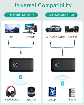 ORIA Bluetooth 5.3 Аудіоадаптер 2-в-1 з AUX, для навушників, колонок, ноутбуків, чорний