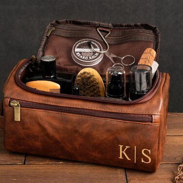 Чоловічий дорожній набір Kulturbeutel (2 шт.) з PU-шкіри, персоналізований, великий об'єм, подарунок на День батька, ювілей, День святого Валентина, бронзовий