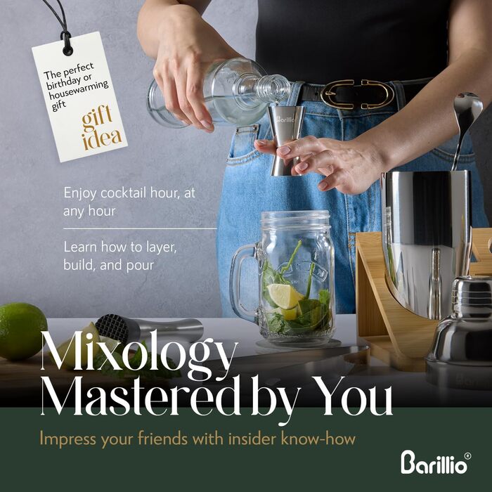 Набір для бармена Barillio: шейкер, мікшер, аксесуари, бамбукова підставка, рецепти коктейлів (срібло)