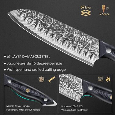 Ніж кухарський MOSFiATA Damast 8 дюймів - Японський ніж з дамаської сталі, з чохлом, захистом для пальців та подарунковою упаковкою