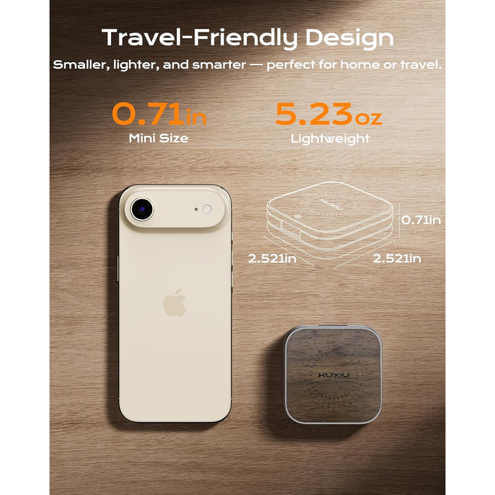 Бездротова зарядна станція KU XIU X40 Turbo Qi2.2 25W 3-в-1 для iPhone 17/16/15/14/13/12, Apple Watch, AirPods. Алюмінієвий адаптер GaN 45W, дерев'яна текстура