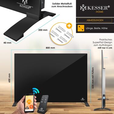 Інфрачервовий обігрівач KESSER® з функцією 2 в 1: підлоговий та настінний. Економний електрообігрівач з термостатом, датчиком відчинених вікон, пультом та керуванням через додаток (500W, чорний)