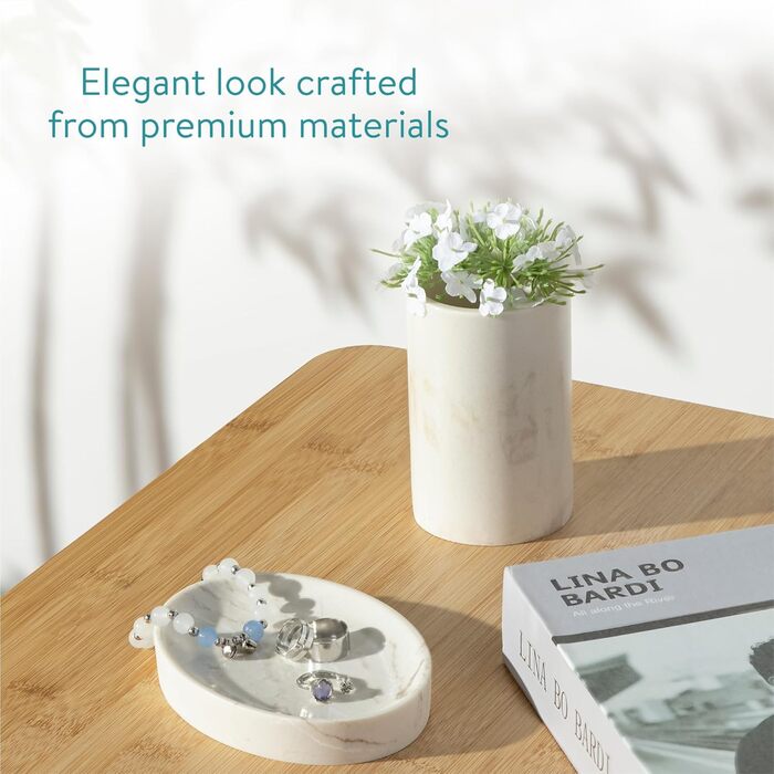 Набір для ванної кімнати Navaris: дозатор мила, стакан для зубної пасти, аксесуари для ванної кімнати (3 шт.) - штучний камінь, бежевий