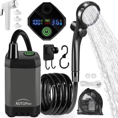 AUTOPkio Camping Shower with Pump, Upgraded Camping Shower 6000mAh Rechargeable Pump, Smart Digital Display for Camp, Outdoor, Pet, Emergency