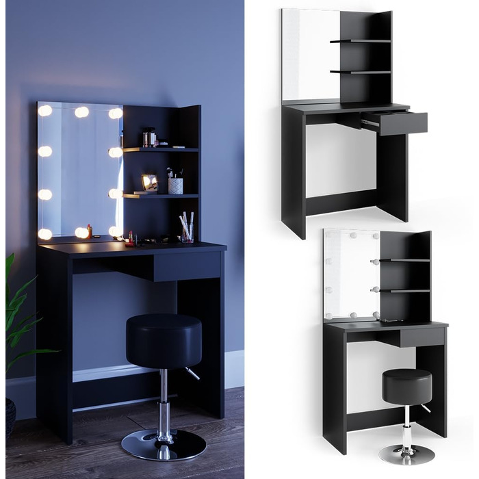 Vicco Vanity Table Decor, Black, 75 cm with LED Lighting and Stool