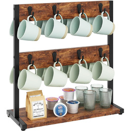 Vintage Mug Holder with 8 Hooks, Coffee Cup Holder for Countertop, Cup Stand with Storage Bottom, for Kitchen Dining Room Cafe 40 x 15 x 40 cm, TBJ002H (without shelf, Vintage Brown)