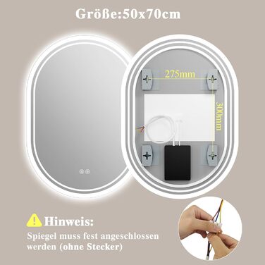 LED дзеркало для ванної кімнати Badspiegel з підсвічуванням, антизапар, сенсорне управління, регулювання яскравості, 3 кольори світла, овальне, 50x70 см