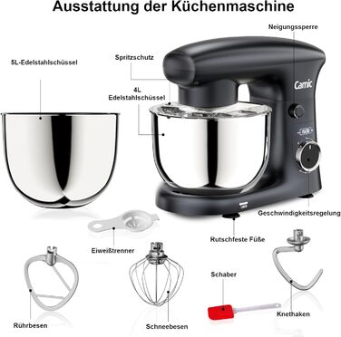 Кухонна машина Camic з LED-дисплеєм, 10 швидкостей, 3 насадками (діядовий, міксер, вінчик) та 2 чашами з нержавіючої сталі 4Л та 5Л для тіста, хліба та тортів, сіра