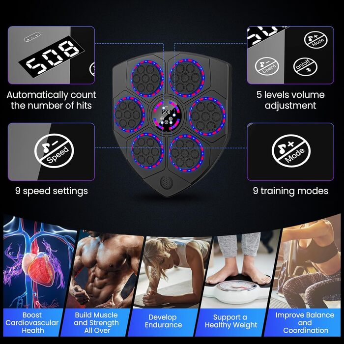 Wall-Mounted Boxing Target Machine with LED Lights & Bluetooth - Adult & Kids Fitness