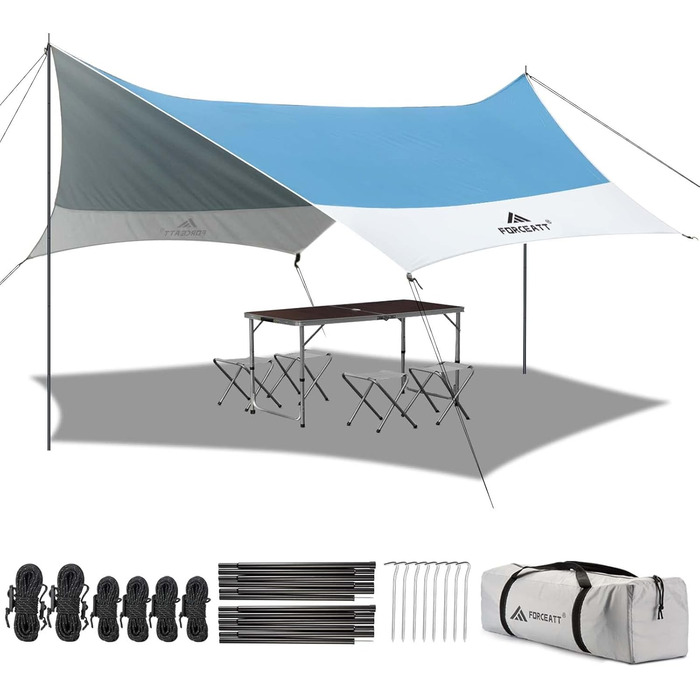 Тент Forceatt Zeltplane 3.7x4.3 м - ультралегкий, водонепроникний, з 6 кріпильними точками, анти-UV для кемпінгу та активного відпочинку (темно-синій & сірий)