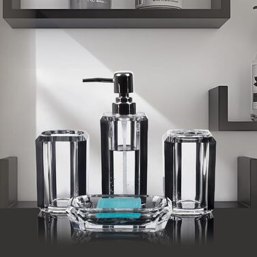 Набір аксесуарів для ванної кімнати з акрилу преміум-класу (4 шт.): диспенсер для миючого засобу, дозатор для лосьйону, мильниця, стакан для ополіскувача, стакан для зубної пасти (чорний, матовий)