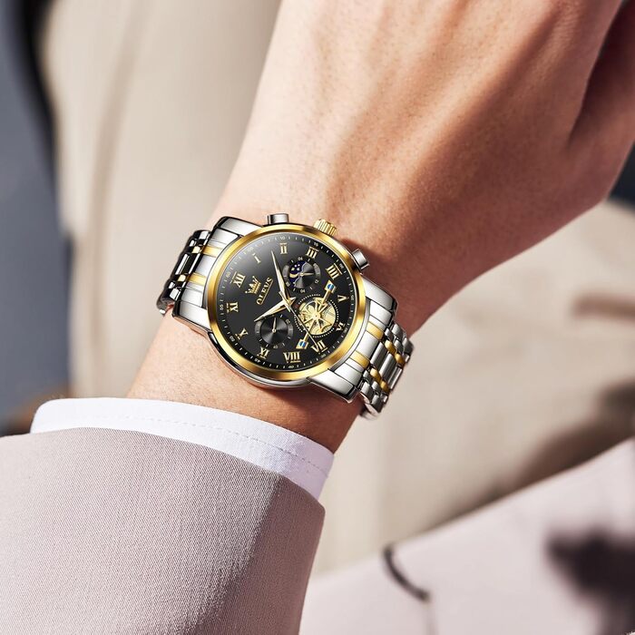 Годинник чоловічий OLEVS з металевим ремінцем, кварцовий, з місячною фазою, хронограф, водонепроникний (2859 Чорний / Двоколірний)