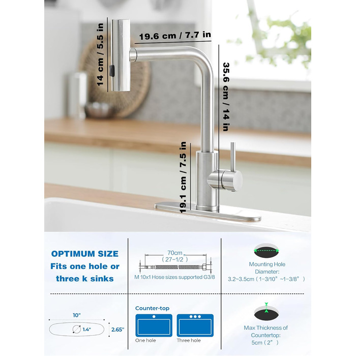 Кухонний змішувач Schwarz Waterfall з висувною лійкою та 3 режимами, 360° обертання, з нержавіючої сталі (щітка)