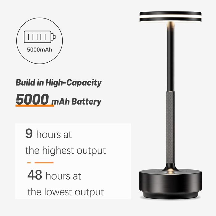 Світлодіодна настільна лампа Hapfish акумуляторна, бездротова, з димером, 5000mAh, 3 режими освітлення, водонепроникна IP54, для столу, вулиці, спальні - комплект 2 шт. Чорна
