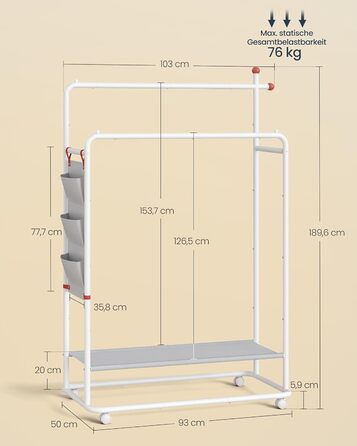 Стойка для одежды SONGMICS HOME на колесах, гардеробна стійка з 2 перекладинами, полиця, бічний органайзер, гачки у формі сірника, стабільна, для спальні, передпокою, HSR171B01 (50T x 189,6H cm, Матовий)