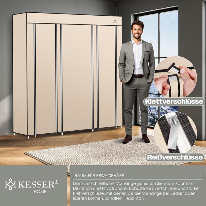 KESSER® Wardrobe Clothes Rack Stable with Clothes Rail & Shelves, Incl. 5x Clothes Hangers, Fabric Folding Wardrobe for Bedroom, Dressing Room Clothes Rack 150x45x175cm (Beige)