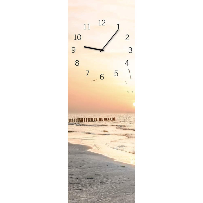 Скляний настінний годинник Beach 20x60 см, безшумний, жовтий, для вітальні, металеві стрілки, сонце, море, виготовлено в ЄС