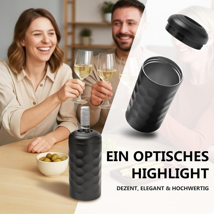 Охолоджувач вина Arktis – стильне наливання безпосередньо з охолоджувача | Вакуумний ізольований охолоджувач напоїв та охолоджувач пляшок для вина, шампанського, ігристого вина | Охолоджувач шампанського з подвійними стінками (Чорний)