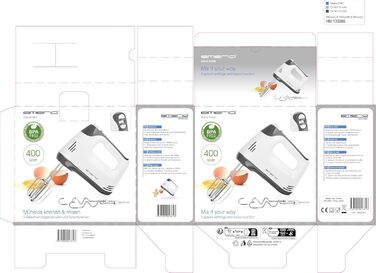 Електричний міксер EMERIO HM-124178 (400 Вт) з 6 швидкостей та турборежимом, нержавіючі насадки (для тіста та збивання)
