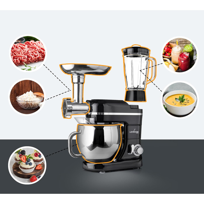 Lehmann Universal Kitchen Machine 3-in-1 Set | Stand Mixer with Planetary Mixing System | Multifunctional Kitchen Machine with Meat Grinder | Includes 1.5L Juice Extractor and 5L Stainless Steel Bowl