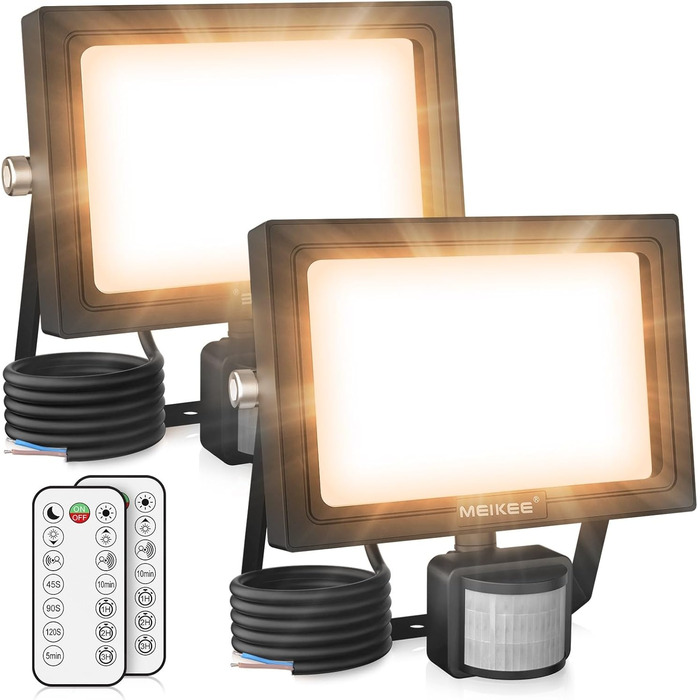 MEIKEE 15W LED Floodlight with Motion Sensor, Remote Control, 2700K Warm White, 150-1200 LM, Outdoor Floodlight LED, IP66 Waterproof Spotlight, Outdoor Light for Garden, Garage, Sports Field, 2PCS